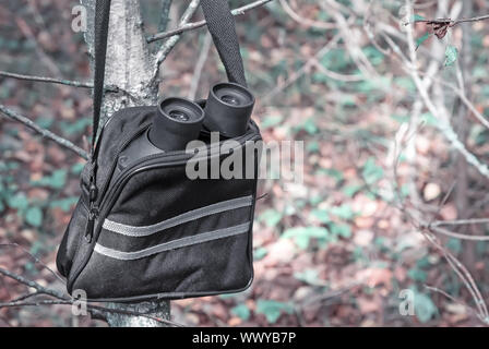 The binoculars and case binoculars on the background of autumn leaves. Stock Photo