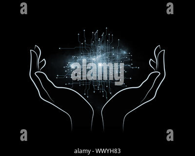 Creative arrangement of human hand and technological elements as a concept metaphor on subject of science, alternative energy and portable technologie Stock Photo