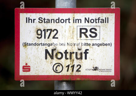 Sign for the location in case of emergency, Remscheid, North Rhine-Westphalia, Germany, Europe Stock Photo