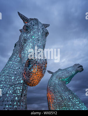 The Kelpies at blue hour, Forth and Clyde Canal at Helix Park, Falkirk, Stirlingshire, Scotland, United Kingdom, Europe Stock Photo