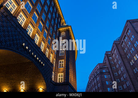 Chilehaus and Messberghof, both part of the Kontorhaus District, at dusk, UNESCO World Heritage Site, Hamburg, Germany, Europe Stock Photo