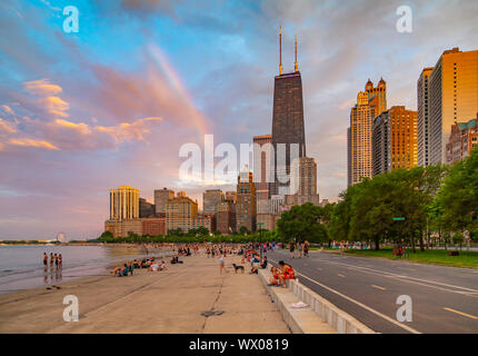 View of Chicago skyline and rainbow from North Shore, Chicago, Illinois, United States of America, North America Stock Photo