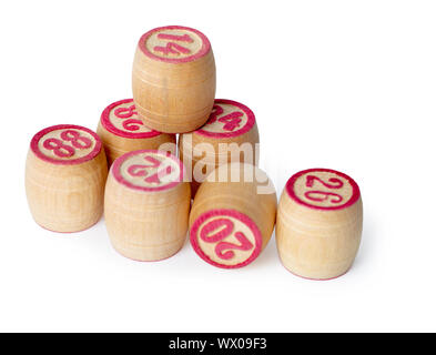 Wooden kegs for bingo isolated on white background Stock Photo