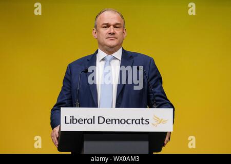 Bournmouth, UK. 16th Sep, 2019. Bournemouth, UK: Rt Hon Sir Edward Davey MP, Deputy Leader addresses the Liberal Democrat's 2019 Autumn Conference at the Bournemouth International Centre on Monday, Sep. 16, 2019 . Picture by Credit: Julie Edwards/Alamy Live News Stock Photo