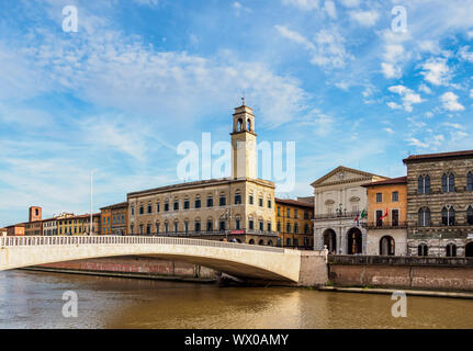 Palazzo Pretorio and Ponte Di Mezzo over Arno River, Pisa, Tuscany, Italy, Europe Stock Photo