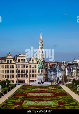 View over Mont des Arts Public Garden towards Town Hall Spire, Brussels, Belgium, Europe Stock Photo