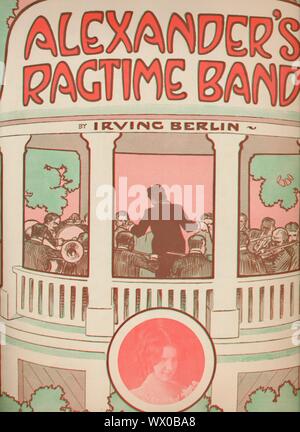 'Alexander's Ragtime Band', 1911. Bandstand with musicians. The circular portrait is of Sunshine James. Cover to sheet music for a song by Russian-born American composer Irving Berlin (1888-1989). This was Berlin's first major hit. [Ted Snyder Co, New York]