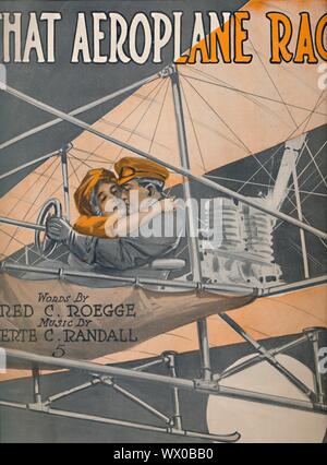 'That Aeroplane Rag', 1911. Lovers in a biplane with full moon. The man is piloting the plane while embracing his partner. Cover to sheet music for a song composed by Berte C Randall, with lyrics by Fred C Roegge. [Jerome H. Remick &amp; Co., London, 1911] Stock Photo