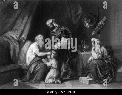 'The Angel which redeemed me from all evil, bless the lads', c1840. Biblical scene, from Genesis 48: 16: 'The Angel which redeemed me from all evil, bless the lads; and let my name be named on them, and the name of my fathers Abraham and Isaac; and let them grow into a multitude in the midst of the earth.' Jacob blesses his grandsons Ephraim and Manasseh. When Joseph saw that his father had placed his right hand on Ephraim's head, he was displeased and took his father's hand to move it from Ephraim's head to Manasseh's. Engraving. Stock Photo