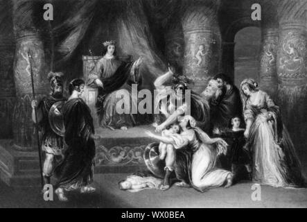 'And the King said, Divide the living child in two', mid-late 19th century. Biblical scene, from 1 Kings 3: 25: 'And the king said, Divide the living child in two, and give half to the one, and half to the other.' Story also known as The Judgement of Solomon: King Solomon is asked to make a decision when two women both claim to be the mother of a baby. 'Then the woman whose son was alive spoke to the king because she yearned with compassion for her son. &quot;Please, my lord&quot;, she said, &quot;give her the living baby. Do not kill him!&quot; But the other woman said, &quot;He will not be m Stock Photo