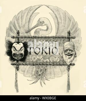 'Tokio', late 19th-early 20th century. Decorative illustration for the city of Tokyo, capital of Japan, with a stylised crane and theatrical masks. In Japanese culture, cranes symbolise good fortune and longevity. Stock Photo