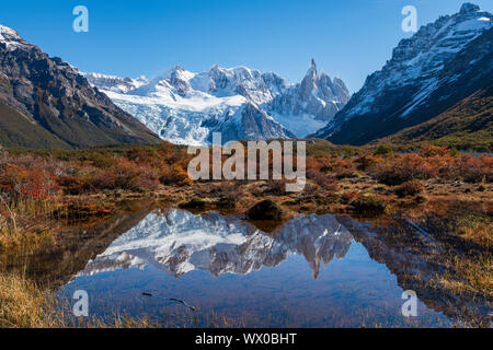 Autumn colours in Los Glaciares National Park, UNESCO World Heritage Site, with reflections of Cerro Torro, Patagonia, Argentina, South America Stock Photo