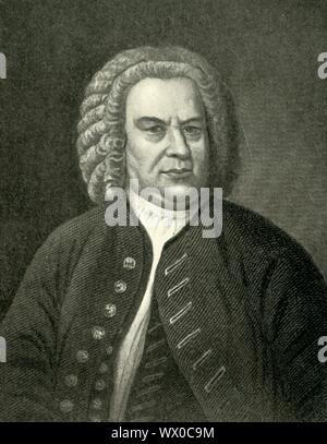 Bach, c1746, (1907). Portrait of German composer and organist Johann Sebastian Bach (1685-1750), considered by many to be the greatest composer in the history of western music, particularly in terms of his compositions for the organ. After a painting of 1746 by Elias Gottlob Haussmann in the Stadtgeschichtliches Museum, Leipzig, Germany. From &quot;Story-Lives of Great Musicians&quot;, by F.J. Rowbotham. [Wells Gardner, Darton &amp; Co. Ltd, London, 1907] Stock Photo