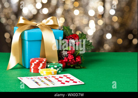 Royal straight flush in Christmas setting with poker chips Stock Photo