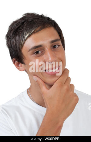 young swarthy man with brown eyes Thinking about something on with background Stock Photo