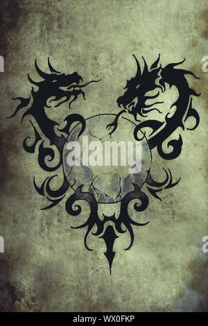 Dragon tribal with sphere, Tattoo sketch, handmade design over vintage paper Stock Photo