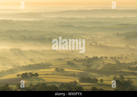 Mist covered rolling countryside at dawn, Abergavenny, Wales, United Kingdom, Europe