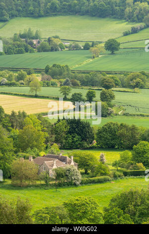 Farmhouse surrounded by rolling Cotswolds countryside, Dursley, Gloucestershire, England, United Kingdom, Europe Stock Photo