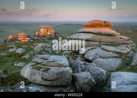 First light on Roughtor at sunrise, Bodmin Moor, Cornwall, England, United Kingdom, Europe Stock Photo