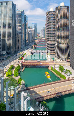View of Water Taxi on Chicago River from rooftop terrace, Downtown Chicago, Illinois, United States of America, North America Stock Photo