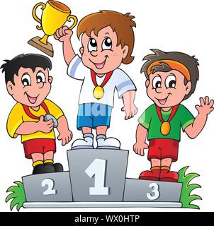 Athlete Winner Podium. Cartoon Winning Sportsmen On Pedestal With Medal ...