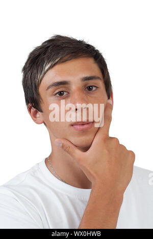 young swarthy man with  brown eyes Thinking about something on white background Stock Photo