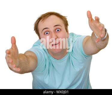 Crazy man with passionate gesture isolated on white background Stock Photo