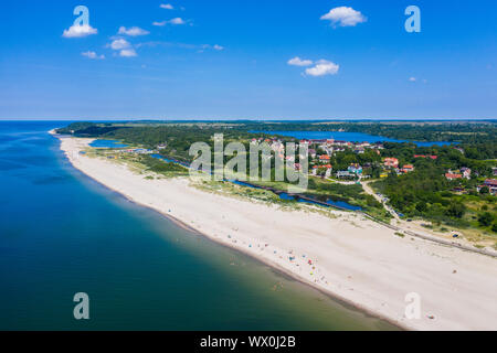 Aerial by drone of the white sand beach of Yantarny, Kaliningrad, Russia, Europe Stock Photo