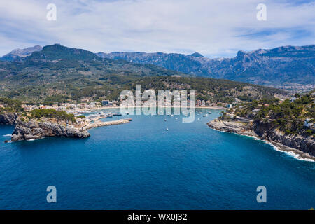 Aerial by drone of Port de Soller, Mallorca, Balearic Islands, Spain, Mediterranean, Europe