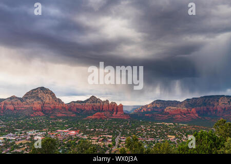 Moody sky over Sedona from Airport Mesa, Sedona, Arizona, United States of America, North America Stock Photo