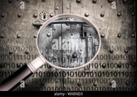 Discovering the secret code -  Concept image, seen through a magnifying glass, of a secret code file agaist a strong and old rusty metal door Stock Photo