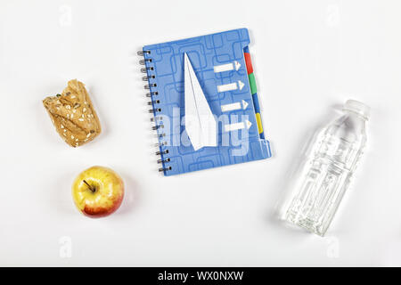 Back to school, notebook, school snack. accessories, notepad, stationery, Free space for text. Copy Stock Photo