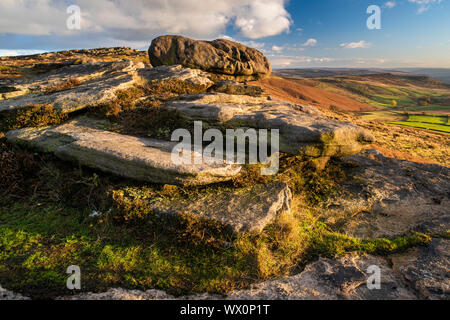 View from Stanage Edge, evening light in autumn, Peak District National Park, Derbyshire, England, United Kingdom, Europe Stock Photo
