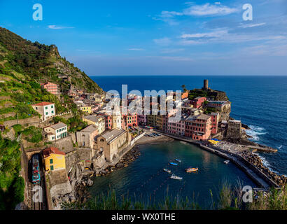 Vernazza Village, elevated view, Cinque Terre, UNESCO World Heritage Site, Liguria, Italy, Europe Stock Photo
