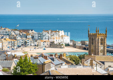 Elevated views over rooftops of St. Ives in Cornwall, England, United Kingdom, Europe Stock Photo