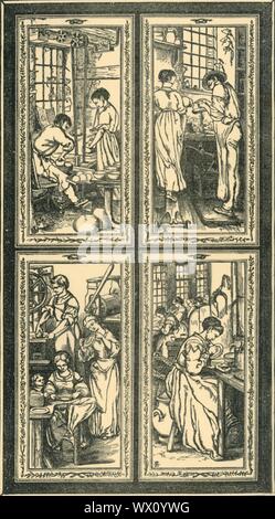 Staffordshire Processes, design for stained glass window, c1870, (1881). 'Design For Window on the North Side of the Gallery...Containing Pottery' in the South Kensington Museum, by William Bell Scott. One of fourteen stained-glass windows in the Ceramic Gallery, depicting ceramic manufacture in the Staffordshire Potteries: throwing on a wheel worked by a treadle, turning, preparing printed designs, applying a design to a plate, painting onto ceramic ware. After a drawing by William Bell Scott. From &quot;The South Kensington Museum&quot;, a book of engraved illustrations, with descriptions, o Stock Photo