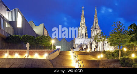 illuminated stairs, Museum Ludwig and Cologne Cathedral in the evening, Cologne, Germany, Europe Stock Photo