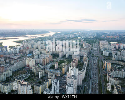 A bird's eye view, aerial panoramic view from drone to the Darnyts'kyi district of Kiev, Ukraine and view to the right bank of D Stock Photo