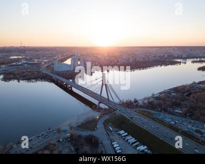 Kiev, Ukraine: 7 April, 2018 - City landscape from a bird's-eye view overlooking North Bridge (Moscow Bridge) across Dnieper Riv Stock Photo