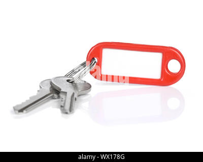 Two keys on a blank keyring with space for text, isolated on white. Stock Photo