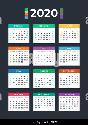 Calendar for 2020 on dark background Stock Vector