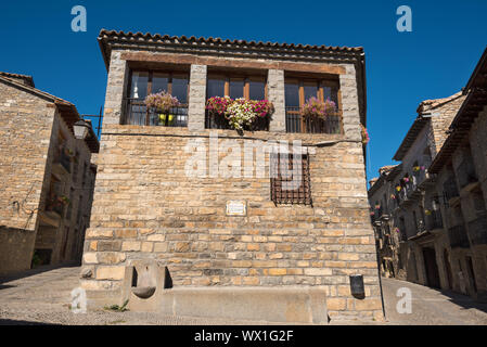Stone houses in medieval village of Ainsa, pyrenees, Spain. Stock Photo