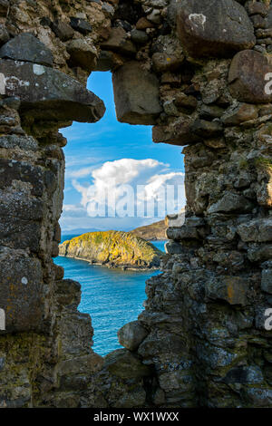 Tulm Island seen through a window of Duntulm Castle, Trotternish, Isle of Skye, Scotland, UK Stock Photo