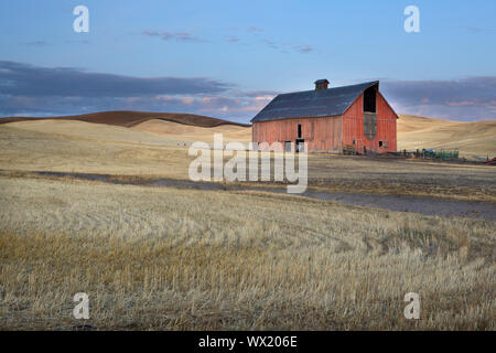 A red barn stands in the harvested wheat field in the Palouse region of eastern Washington. Stock Photo