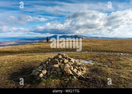 The summit cairn of Meall na Suiramach, the peak above the Quiraing, Trotternish, Isle of Skye, Scotland, UK Stock Photo