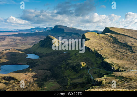 The Trotternish Ridge south over the Quiraing Pass road, from Meall na Suiramach, the peak above the Quiraing, Trotternish, Isle of Skye, Scotland, UK Stock Photo