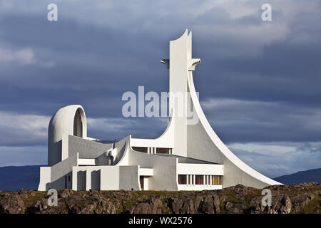 Modern white church, architect Jón Haraldsson, Stykkishólmur, peninsula Snæfellsnes, Iceland, Europe Stock Photo