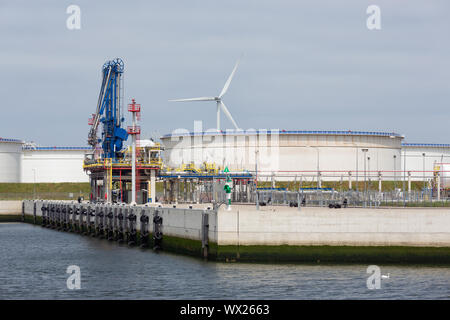 Liquid gas transshipment terminal in harbor Rotterdam, biggest seaport Europe Stock Photo
