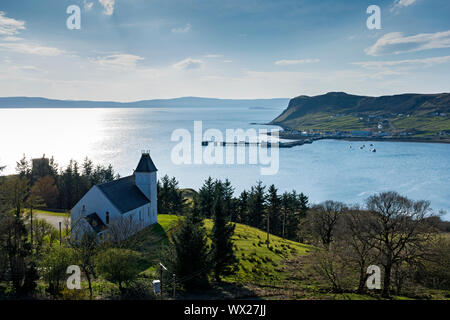 The Uig Free Church, Uig Bay and the King Edward Pier, Trotternish, Isle of Skye, Scotland, UK Stock Photo
