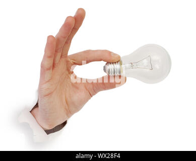 Male hand holding bulb photographed on a white background Stock Photo